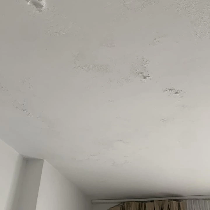 Perete după curățare și revopsire, cu exfoliere a lavabilului din cauza umezelii reziduale